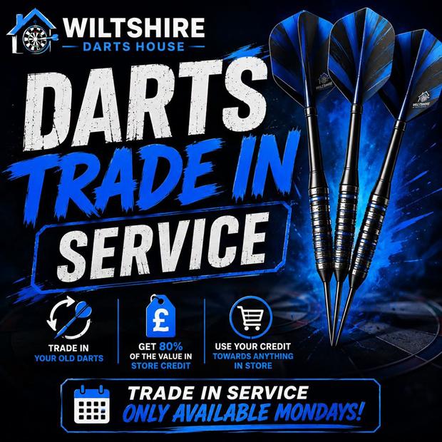 Darts Trade In Service at Wiltshire Darts House: trade in your old darts, get 80% of the value in store credit, available Mondays